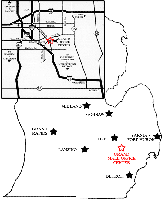 2 maps: State of Michigan map wtih cities near Grand Blanc marked and a map of highways in the region.
